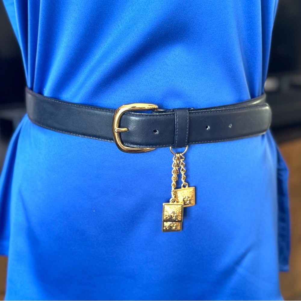 Anne Klein Black Leather Belt with Gold Lion Charms